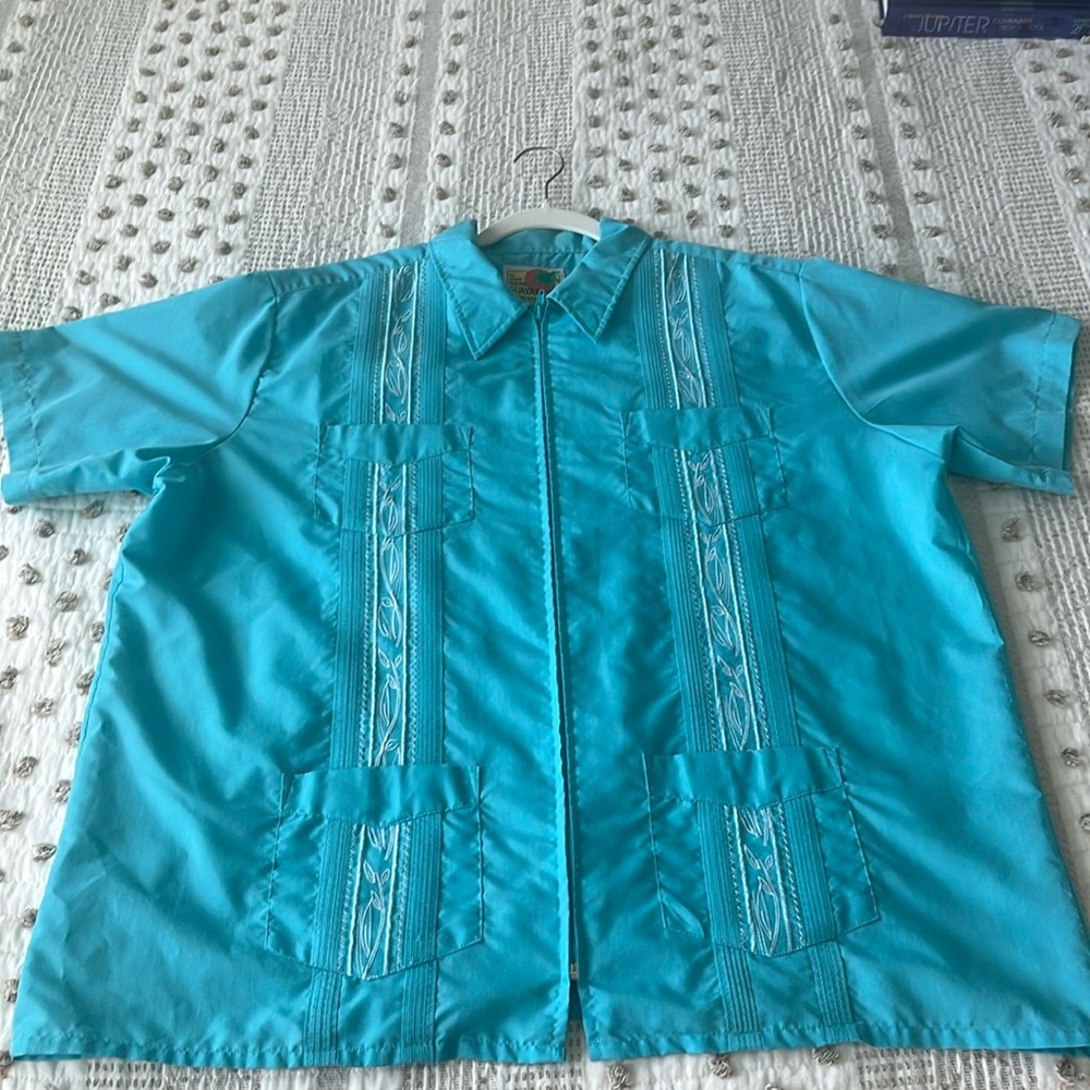 Vintage Haband Guaybera Aqua Blue Zipper Front Cuban Style Shirt Size XL